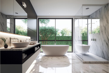 Modern bathroom interior design, Luxury yet minimalist clean, bright and hygienic spacious bathroom with shower, toilets, mirrors, bathtub and natural green plant in a hotel, apartment, or house.