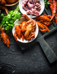 Fresh healthy seafood on the cutting Board.