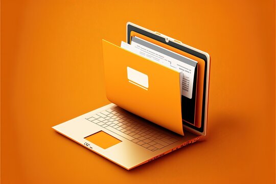 File folder on laptop screen, orange background. AI digital illustration