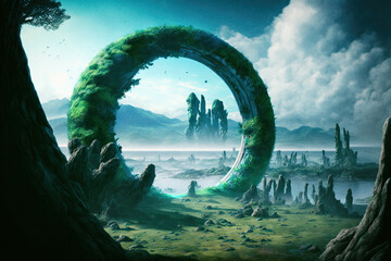 A Green Landscape With Stone Portals From An Ancient Civilization. Generative AI Illustration