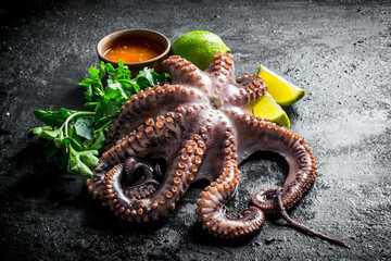 Octopus with sauce, herbs and lime slices.