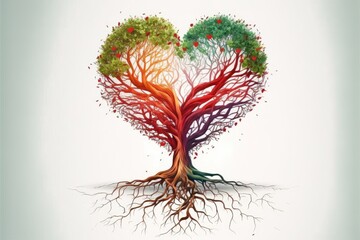 Tree of life roots making red heart shape. Generative AI