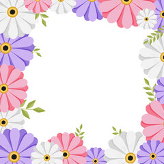 Spring frame with flowers and leaves is a template for a postcard. Vector illustration.