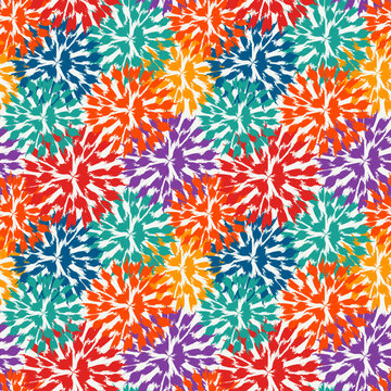 Paint brush floral seamless pattern. Garden flowers, firework, circle motif background. Brushstrokes design print. Freehand artistic ornament. Handdrawn texture