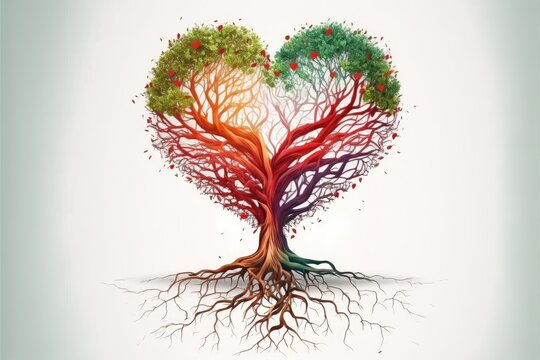 Tree of life roots making red heart shape. Generative AI