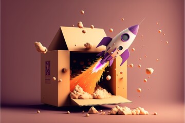 Rocket coming out of cardboard box, lilac background. AI digital illustration