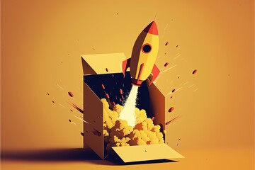 Rocket coming out of cardboard box, yellow background. AI digital illustration
