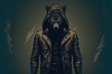 Wolf man, werewolf with jacket and hood, background. generative AI - obrazy, fototapety, plakaty