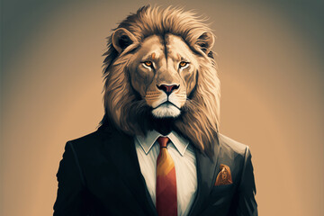 Portrait of lion in a business suit, generative ai