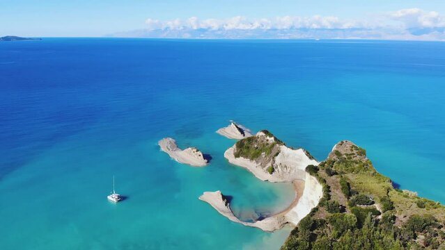 Cape Drastis, beautiful sunny landscape of Akra Drastic, Peroulades village, Corfu island, Greece, with turqoise water and sea beach, Kerkyra, Ionian islands, summer day