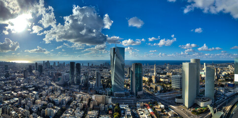 Fototapeta Aerial view of tel aviv skyline with urban skyscrapers and blue sky, Israel obraz