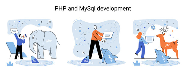 PHP and MySql development metaphor. Software website developer with computer, programmer service, open source general purpose programming language. Scripting web applications allows to create programs