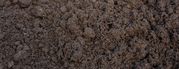 Photos of soil for planting. Organic soil. Rich soil background image. Top down view on full frame of bare soil for nature background about gardening.