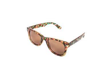Colorful sunglasses on a dotted background. Eyewear top view with shadow. Trendy glasses isolated...