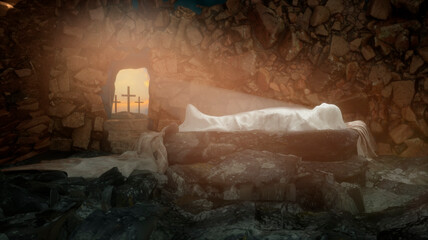 the tomb of Jesus Christ, the shroud, during Easter, 3d render - 562852150