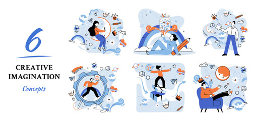 Fototapeta premium Creative mind, imagination or brainstorm or originative idea concept. Creative imagination. Phantasy space and creativity. Phantasy flow and creativity metaphor, fantasies in mind. Vision development