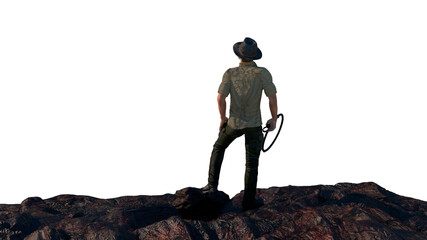 a traveler tourist dressed as Indiana Jones stands on top of a mountain as a symbol of travel and tourism render 3d
 - obrazy, fototapety, plakaty