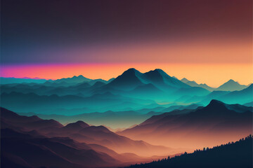 Naklejka na ściany i meble Foggy Mountain Landscape, Dusk, Sunset Generative AI