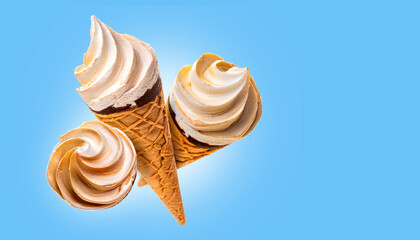 Three waffle cups with ice cream. Isolate on a blue background