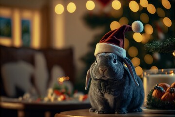 Black rabbit in Christmas hat amid Christmas set created with generative AI technology
