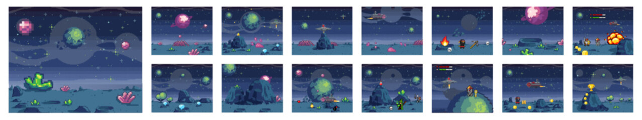 Naklejka premium Pixel art cosmic area, game location. Scene with fantastic planets in outer space. Futuristic spaceships during war in space. Pixel retro program about space interface. Pixelated videogame design