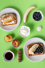 Plates With Bread Toasts With Fruits