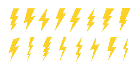 Yellow lightning bolt icons isolated on white background. Flash symbol, thunderbolt. Simple lightning strike sign. Vector illustration