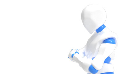 Detailed appearance of the white-blue AI robot under white background. Concept 3D CG of automatic operation, optimization and block chain. PNG file format.	
