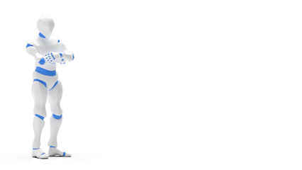 Detailed appearance of the white-blue AI robot under white background. Concept 3D CG of automatic operation, optimization and block chain. PNG file format.	