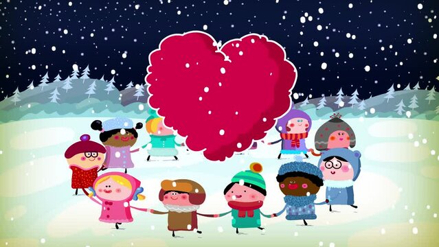 Children in winter clothes dancing in a circle around rotating heart. They are holding their hands. Happy valentyne's day cartoon animation, with many characters. Frost, snow, pulsing stars.