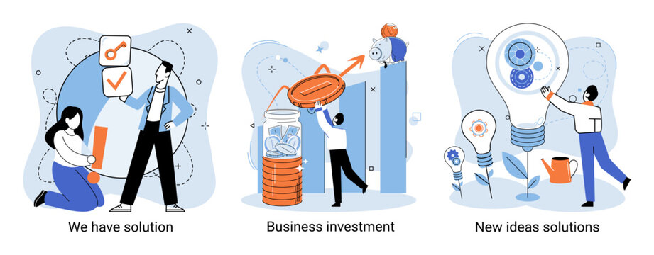 We have solution metaphor, business investment, new ideas solution scenes set. Teamwork and brainstorming. Team and new startup. Leadership and financial activities. Concept joint search for new ideas