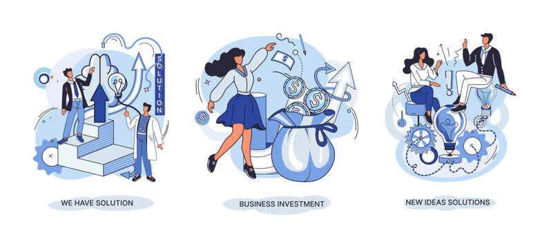 We have solution metaphor, business investment, new ideas solution scenes set. Teamwork and brainstorming. Team and new startup. Leadership and financial activities. Concept joint search for new ideas