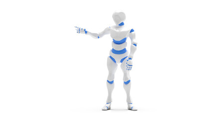 Detailed appearance of the white-blue AI robot under white background. Concept 3D CG of automatic operation, optimization and block chain. PNG file format.	