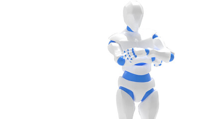 Detailed appearance of the white-blue AI robot under white background. Concept 3D CG of automatic operation, optimization and block chain. PNG file format.	