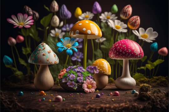 Multi-colored glowing mushrooms in the dark created with generative AI technology