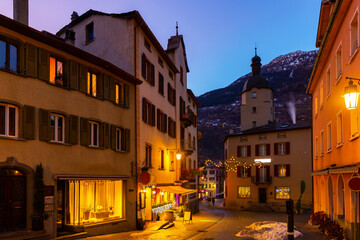 Evening landscape of Christmas city streets in Brig, Switzerland
