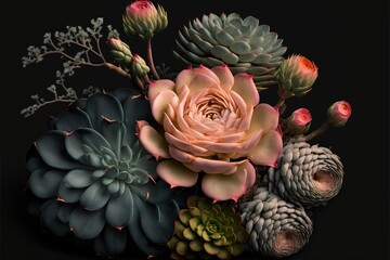 pink roses, succulents, roots, gladiolus, peach palette, golden age floral still life black background chiaroscuro, AI assisted finalized in Photoshop by me 