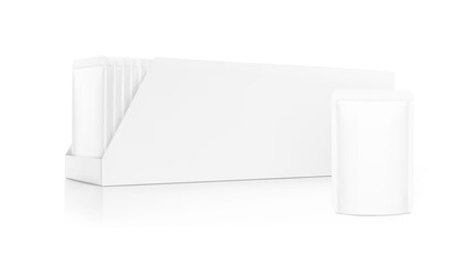 Realistic pouch bag and box mockup. Vector illustration isolated on white background for food, cosmetic and hygiene. Ready for your design. EPS10.	