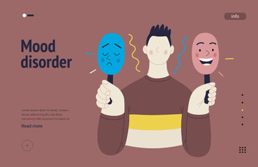 Mental disorders web template. Mood disorder - modern flat vector illustration of a man choosing between two mood extrems. People emotional, psychological, mental traumas concept