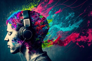 A person with headphones enjoying music on a colorful background created with Generative AI Technology
