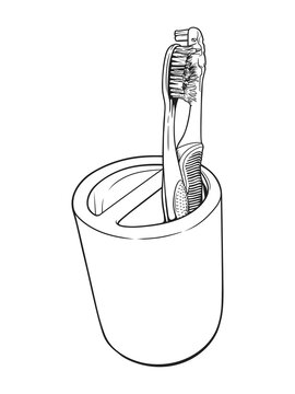 recommend clip art: Toothbrush in cup holder. Vector line art illustration