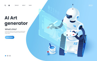 Isometric Robot drawing a picture on digital display. Artificial intelligence technology. Robot artist. AI art generation concept. Vector illustration for your design.
