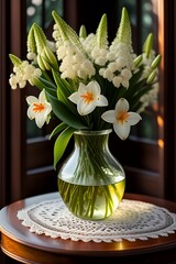 A bouquet of lilies of the valley in a lace vase stands on a table lit by the sun, created with Generative AI technology