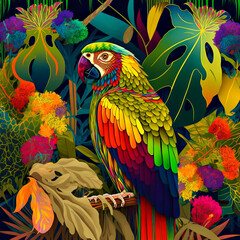 Fototapeta premium Parrot in 60s psychedelic style, central composition, decorative fantastic bird on vibrant abstract jungle, psychedelic background. AI generative art, AI generated illustration.