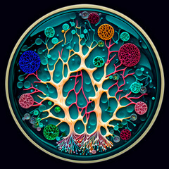 Neurons and glial cells in Petri dish, neon colors paper quilling. AI generated art, illustration.