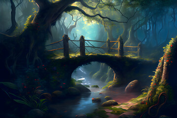 Fototapeta na wymiar Bridge in the fantasy forest