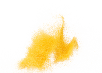 Small size yellow Sand flying explosion, gold cheese sands grain wave explode. Abstract cloud fly. Yellow colored sand splash throwing in Air. White background Isolated high speed shutter, throwing