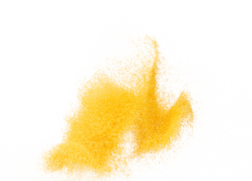 Small size yellow Sand flying explosion, gold cheese sands grain wave explode. Abstract cloud fly. Yellow colored sand splash throwing in Air. White background Isolated high speed shutter, throwing