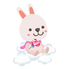 Cute rabbit character holding candy and sits on cloud. Bunny cartoon.