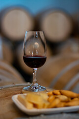 Tasting of rioja wines, visit of winery cellars with french or american oak barrels with agening red wine, Rioja wine making region, Spain